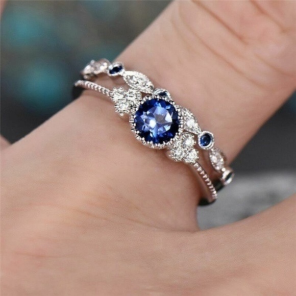 2pcs/set Stamped 925 Silver Blue Sapphire Ring New - Picture 3 of 5